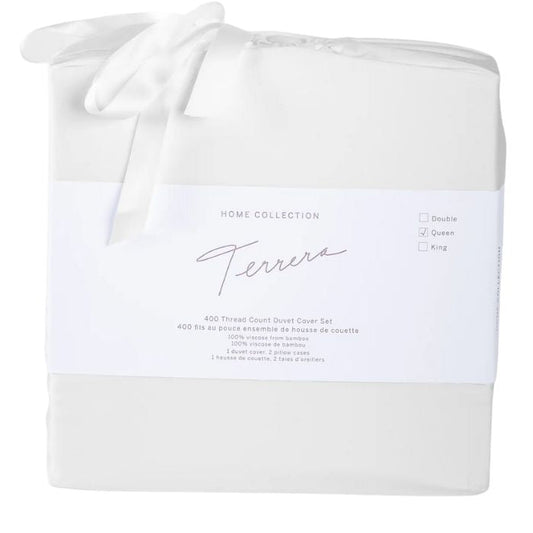 pearl white terrera duvet cover and two pillowcases in bamboo fabric bag on white background