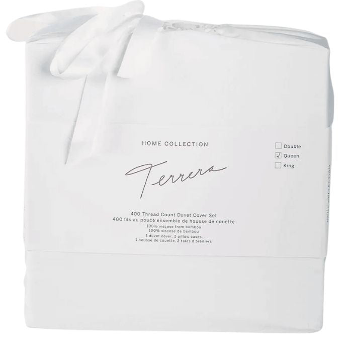 white terrera duvet cover and two pillowcases in bamboo fabric bag on white background
