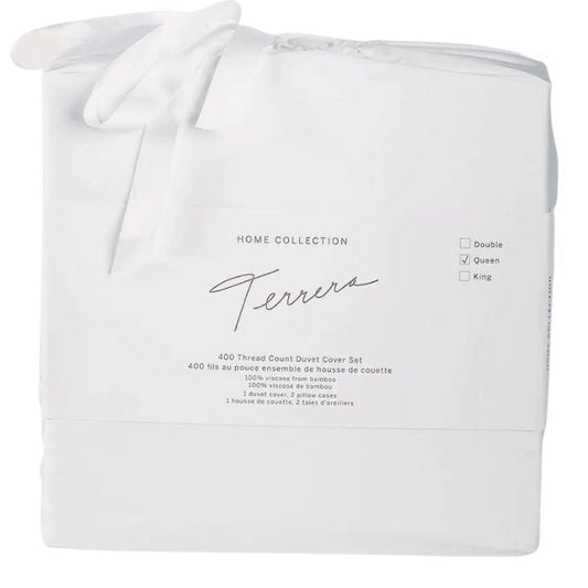 white terrera duvet cover and two pillowcases in bamboo fabric bag on white background