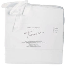 white terrera duvet cover and two pillowcases in bamboo fabric bag on white background