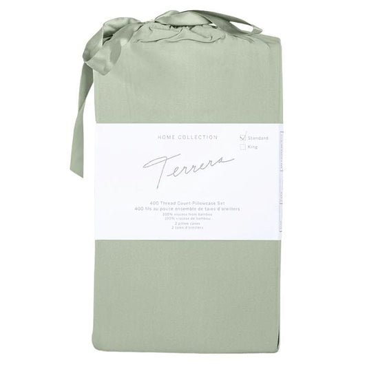 desert sage green bamboo fabric bag with two pillowcases inside on white background