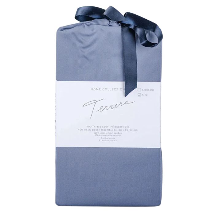 mineral blue bamboo fabric package with two pillowcases inside on white background