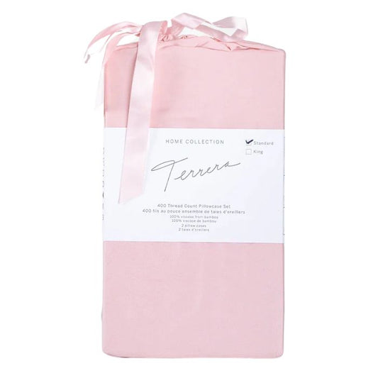 pale rose pink bamboo fabric package with two pillowcases inside on white background