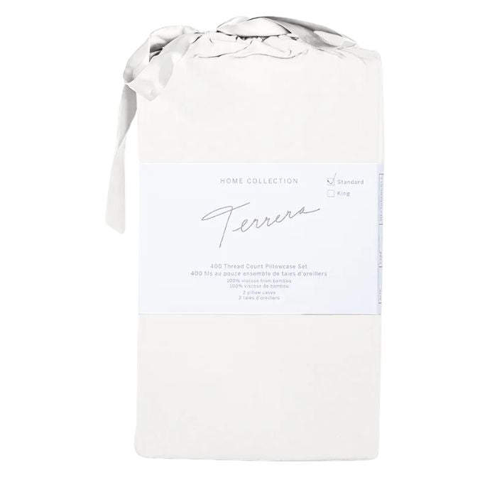 pearl white bamboo fabric bag with two pillowcases inside on white background