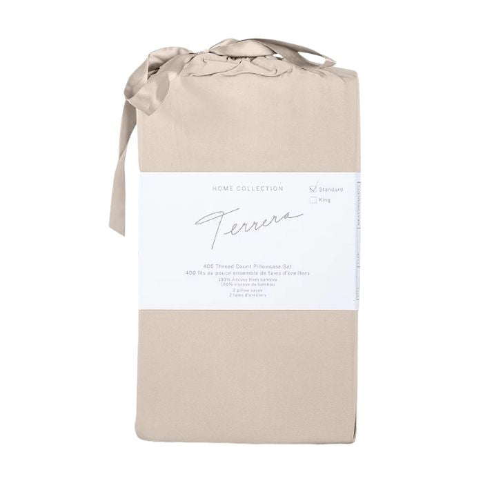 warm taupe brown bamboo fabric bag with two pillowcases inside on white background