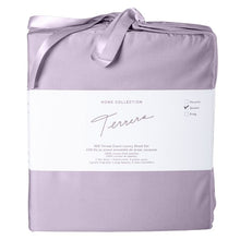 Amethyst purple bamboo fabric bag containg sheet set- flat sheet, fitted sheet and two pillowcases on white background