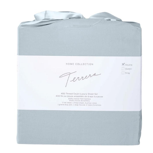 ice blue bamboo fabric bag with sheet set inside- flat sheet, fitted sheet and two pillowcases on white background