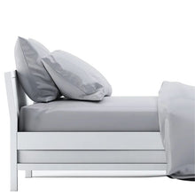 bed made with grey sheet set, flat sheet, fitted sheet and two pillowcases on white background