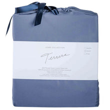mineral blue bamboo fabric bag containg sheet set- flat sheet, fitted sheet and two pillowcases on white background