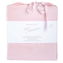 pale rose pink bamboo fabric bag containg sheet set- flat sheet, fitted sheet and two pillowcases on white background