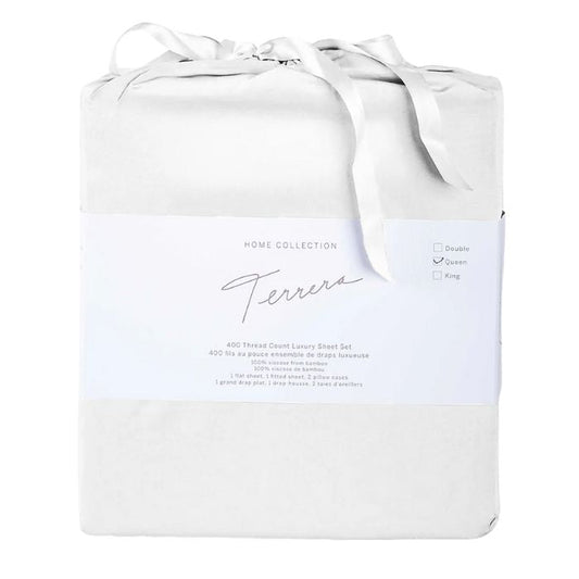 pearl white bamboo fabric bag with sheet set inside- flat sheet, fitted sheet and two pillowcases on white background