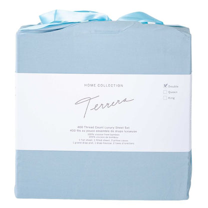 sky blue bamboo fabric bag containg sheet set- flat sheet, fitted sheet and two pillowcases on white background