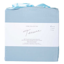 sky blue bamboo fabric bag containg sheet set- flat sheet, fitted sheet and two pillowcases on white background