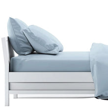 bed made with sky blue sheet set, flat sheet, fitted sheet and two pillowcases on white background