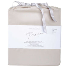 taupe brown bamboo fabric bag containg sheet set- flat sheet, fitted sheet and two pillowcases on white background