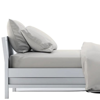 bed made with taupe brown sheet set, flat sheet, fitted sheet and two pillowcases on white background