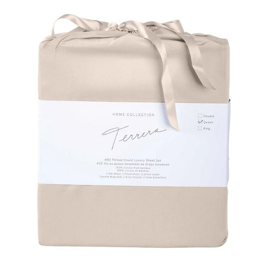 warm taupe brown bamboo fabric bag with sheet set inside- flat sheet, fitted sheet and two pillowcases on white background