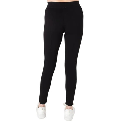 female model wearing black terry leggings back view on white background