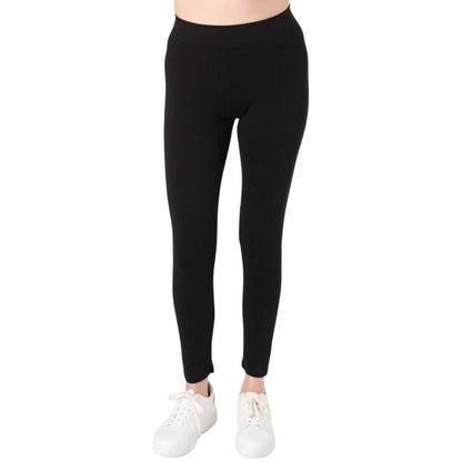 female model wearing black terry leggings front view on white background