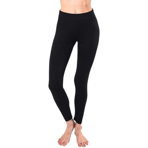 bottom of female model wearing black terry leggings front view on white background