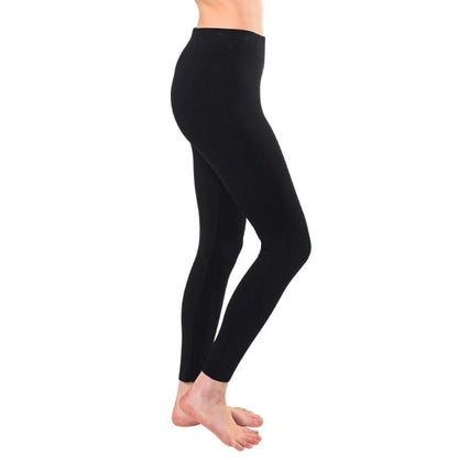 bottom of female model wearing black terry leggings side view on white background