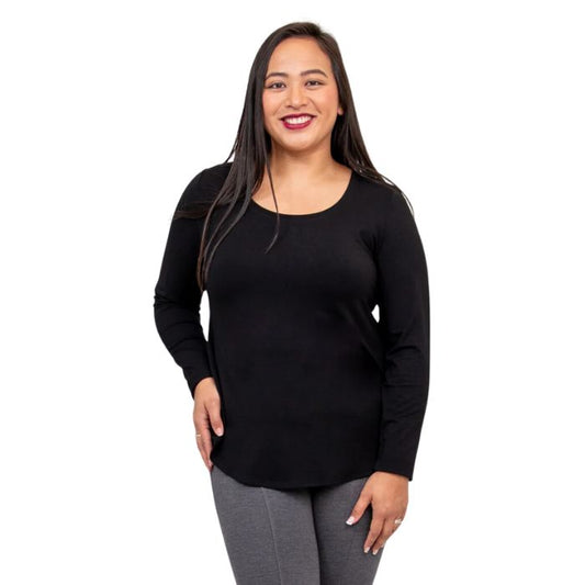 top of female model wearing tessa long sleeve top black front view on white background