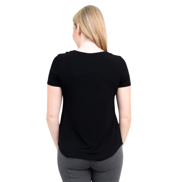 female model wearing black tessa tee back view on white background
