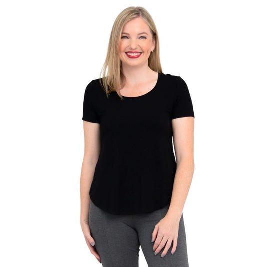 female model wearing black tessa tee front view on white background