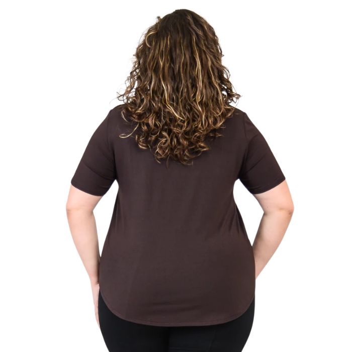 female model wearing coffee brown tessa tee back view on white background