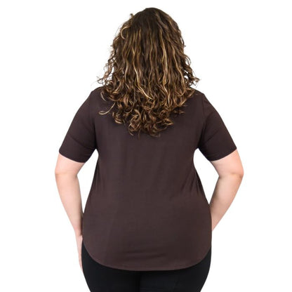 female model wearing coffee brown tessa tee back view on white background