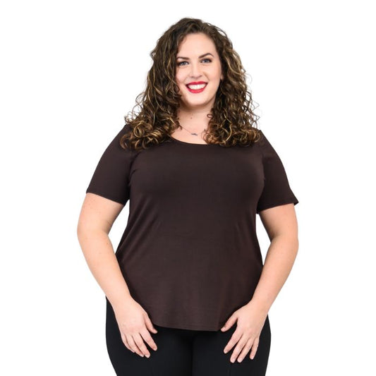 female model wearing coffee brown tessa tee front view on white background