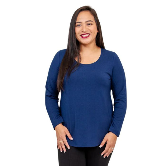 top of female model wearing tessa indigo blue long sleeve top front view on white background