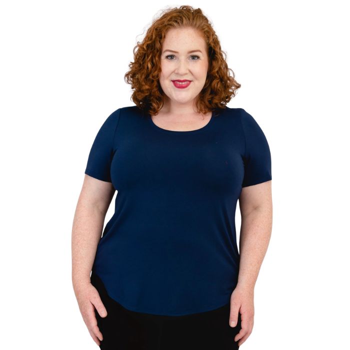 female model wearing indigo blue tessa tee front view on white background