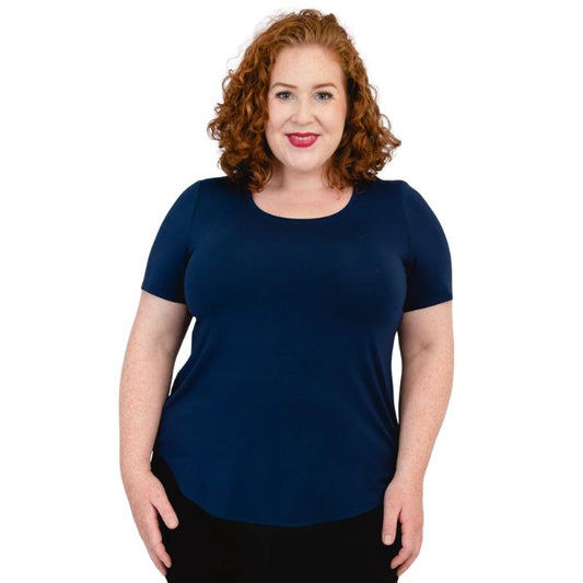 female model wearing indigo blue tessa tee front view on white background