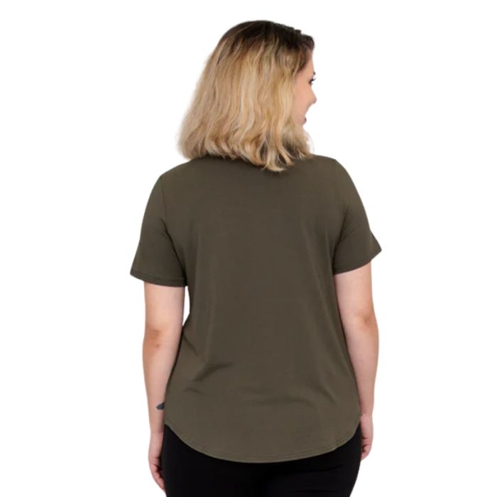 female model wearing khaki green tessa tee back view on white background