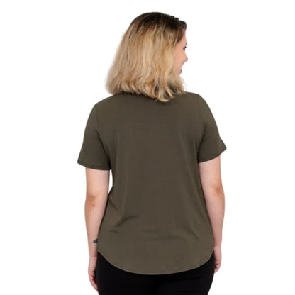 female model wearing khaki green tessa tee back view on white background