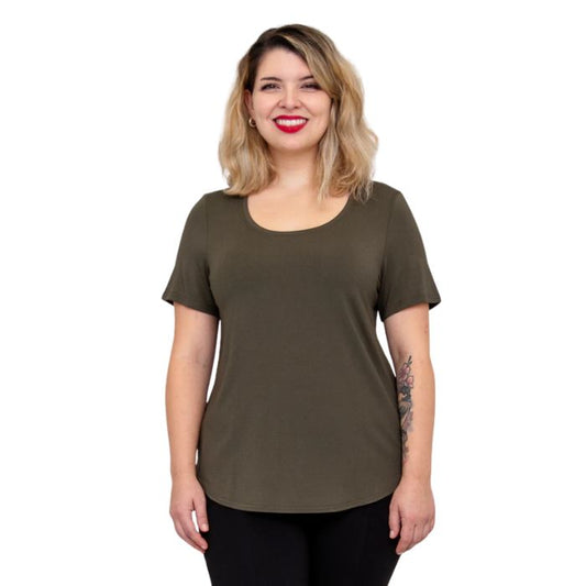 female model wearing khaki green tessa tee front view on white background
