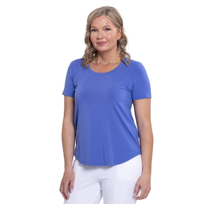 female model wearing periwinkle blue tessa tee front view on white background