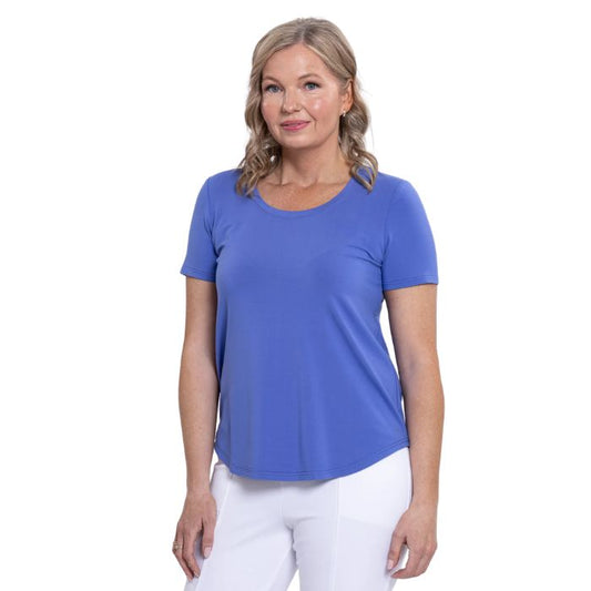 female model wearing periwinkle blue tessa tee front view on white background