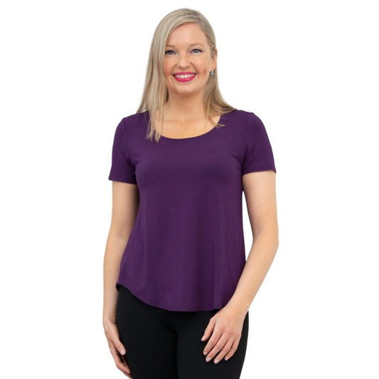 female model wearing royale purple tessa tee front view on white background