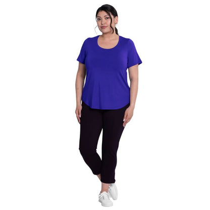 female model wearing violet purple tessa tee and black nadine cropped pants front view on white background