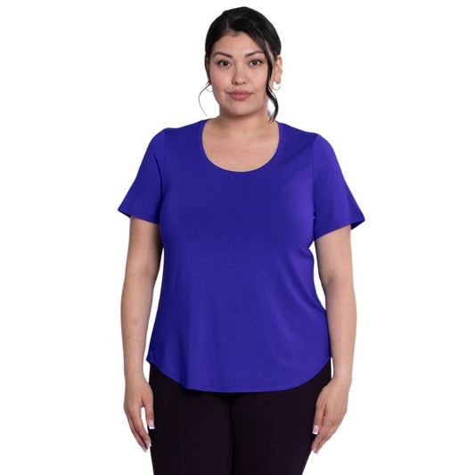 female model wearing violet purple tessa tee front view on white background
