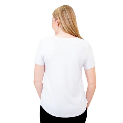 female model wearing white tessa tee back view on white background