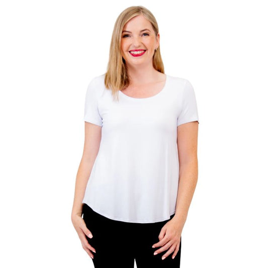 female model wearing white tessa tee front view on white background