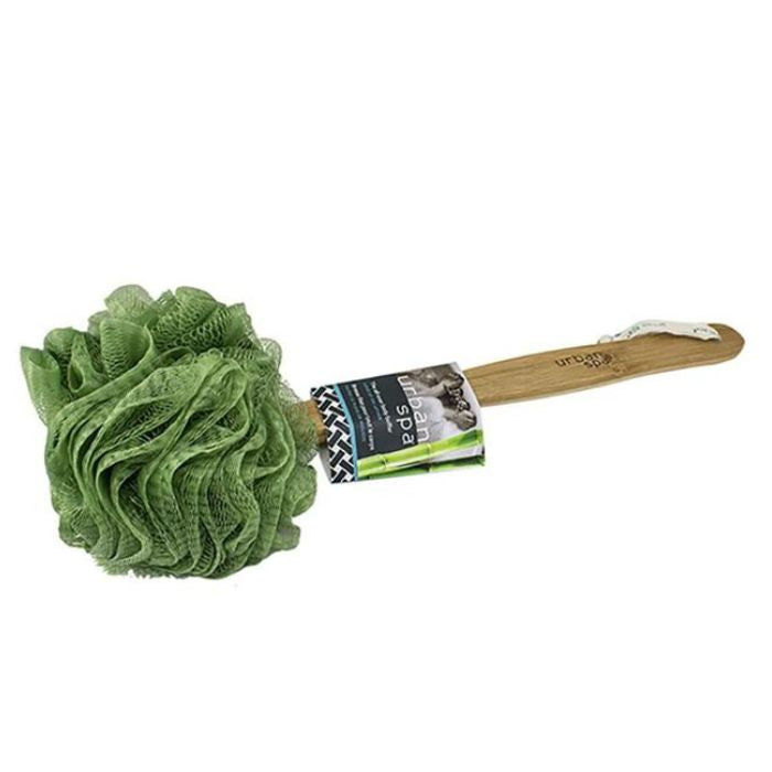 al over body buffer loofah sponge with a handle over view on white background