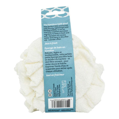 the bamboo bath pouf in package back view on white background