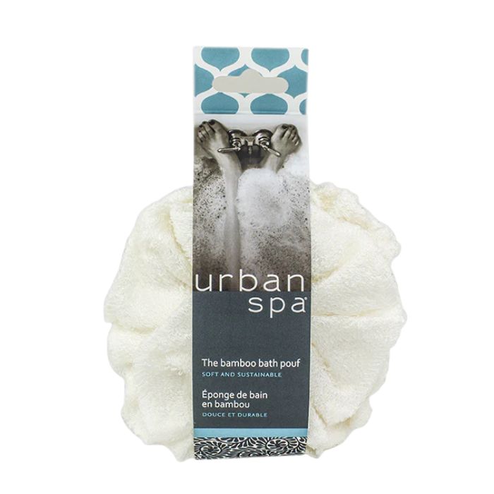 the bamboo bath pouf in package front view on white background