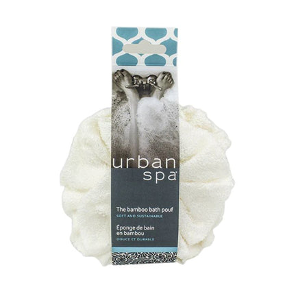the bamboo bath pouf in package front view on white background