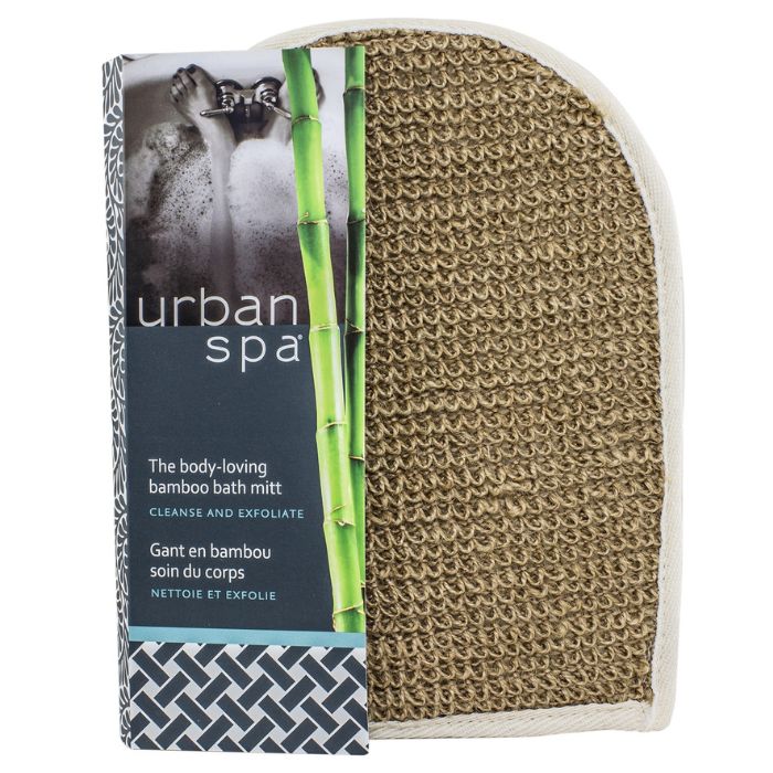 body lovig bath mitt in package front view on white backround