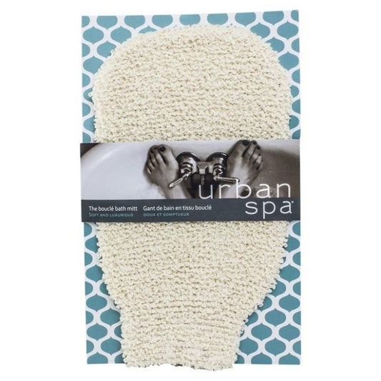 the boucle bath mitt in package on white background